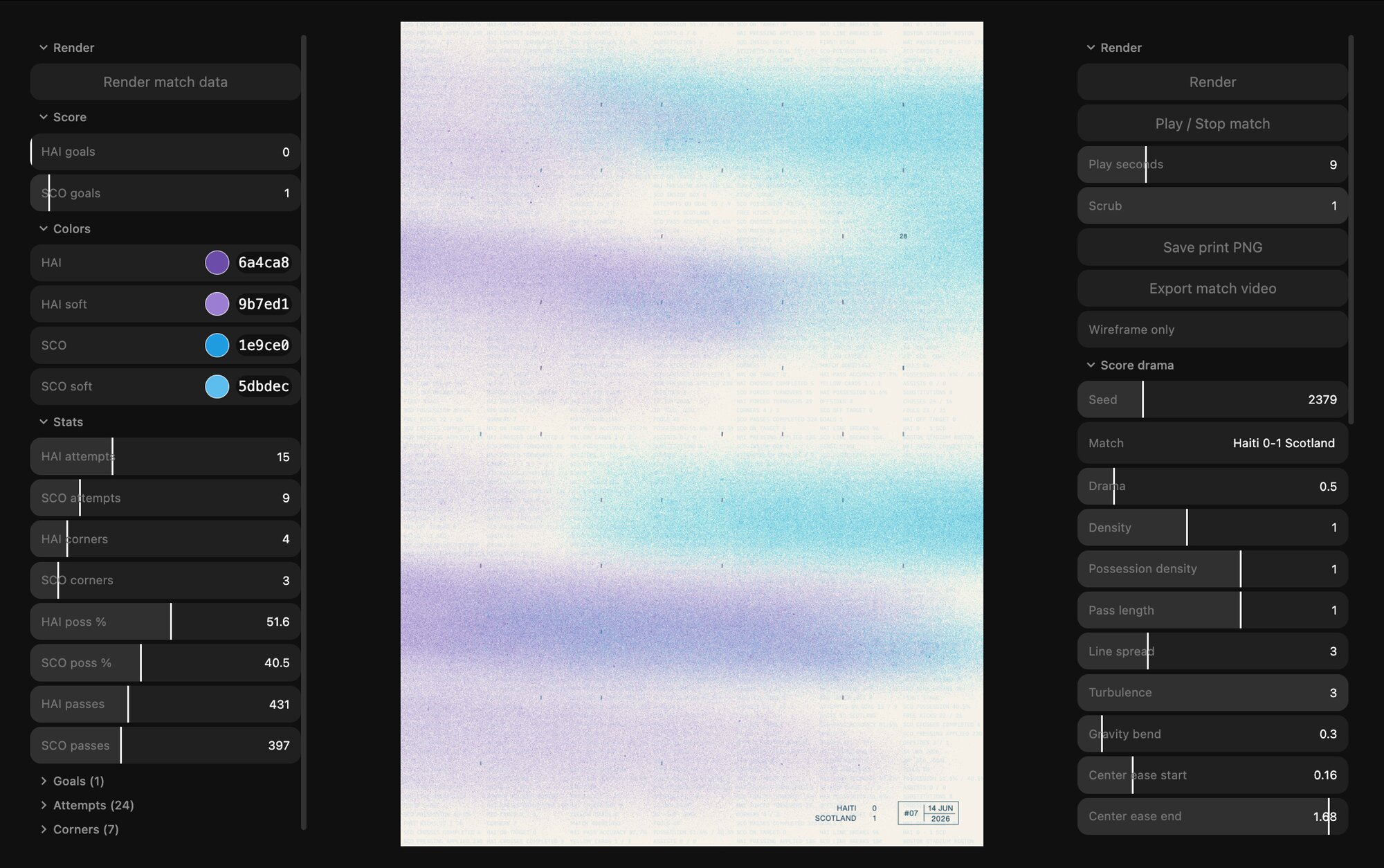 Custom interface to iterate on the poster rules, with game data on the left and composition parameters on the right