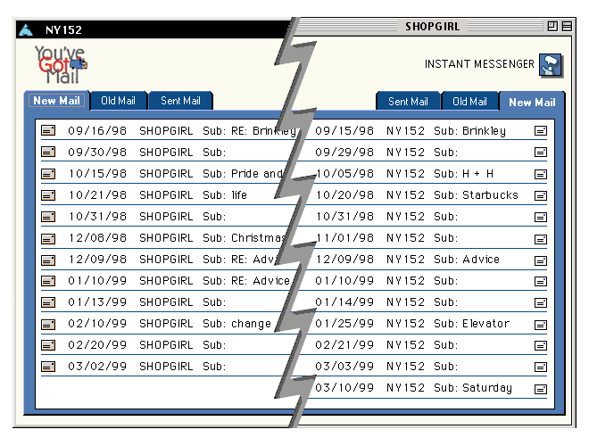 NY152 and Shopgirl's AOL inboxes side by side from You've Got Mail, listing dated messages with sender and subject
