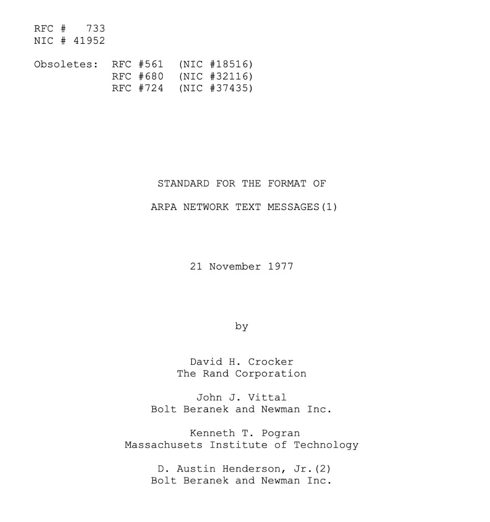 Cover page of RFC 733, Standard for the Format of ARPA Network Text Messages, 21 November 1977